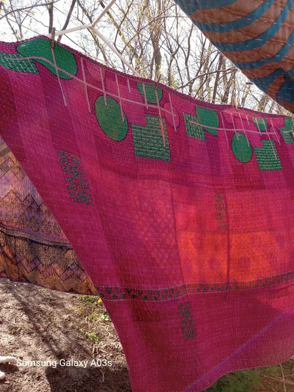 Kantha Quilt Hot Pink Green Premium 3 Layer Cotton Handmade In India K169.